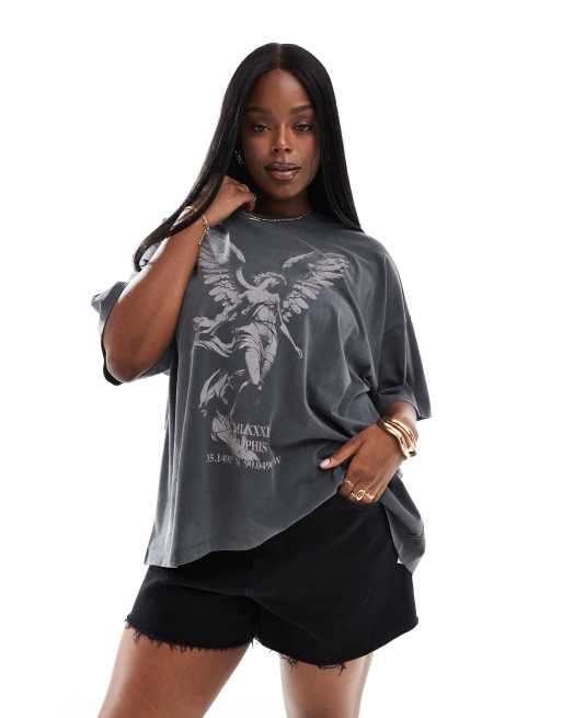 ASOS DESIGN Curve - Oversized T-shirt i brun vask med englestatue-grafik