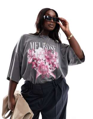 ASOS DESIGN Curve - Oversized T-shirt i forvasket sort med grafisk 'Melrose'-print