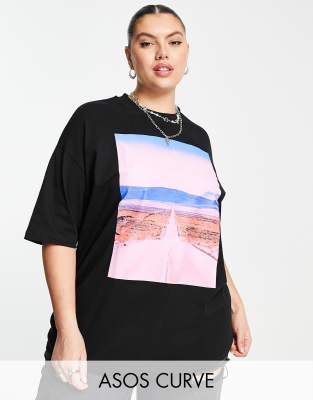 ASOS DESIGN Curve oversized T-shirt in black with roadtrip photo front graphic print