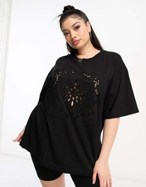 Asos Design Curve Oversized T Shirt In Embroidered Cutwork In Black Asos