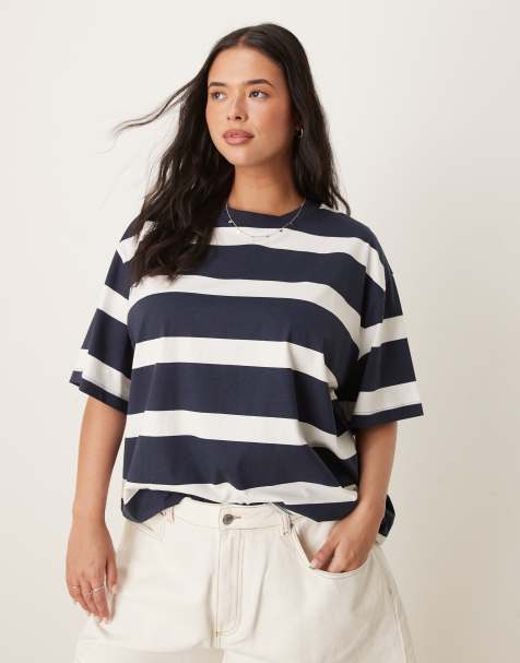 ASOS DESIGN - Curve - Oversized T-shirt in marineblauw en witte streep - view 1