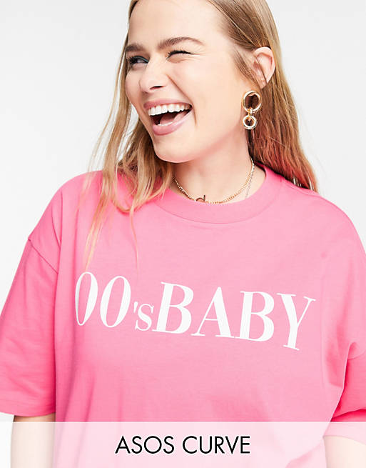 Tops Curve oversized t-shirt in pink with 00s front print 