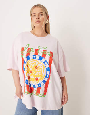 ASOS DESIGN Curve - Oversized-T-Shirt in Rosa mit „Pasta"-Grafik