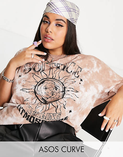 ASOS DESIGN Curve oversized t-shirt in tie dye with solstice  front print 