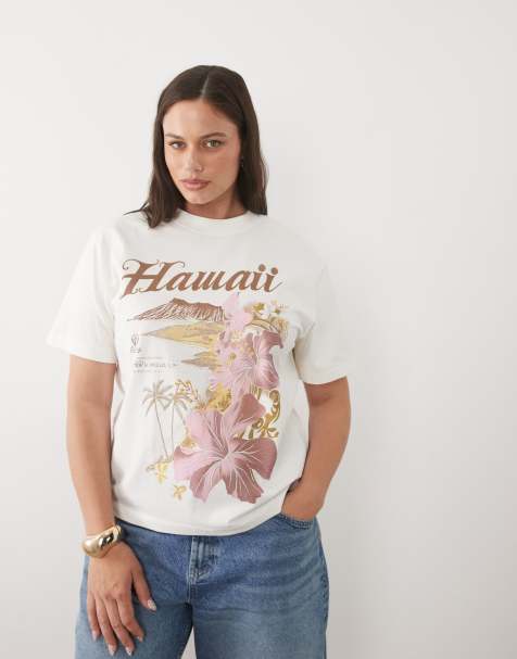 ASOS DESIGN Curve oversized T-shirt med Hawaii-grafik i creme - view 1