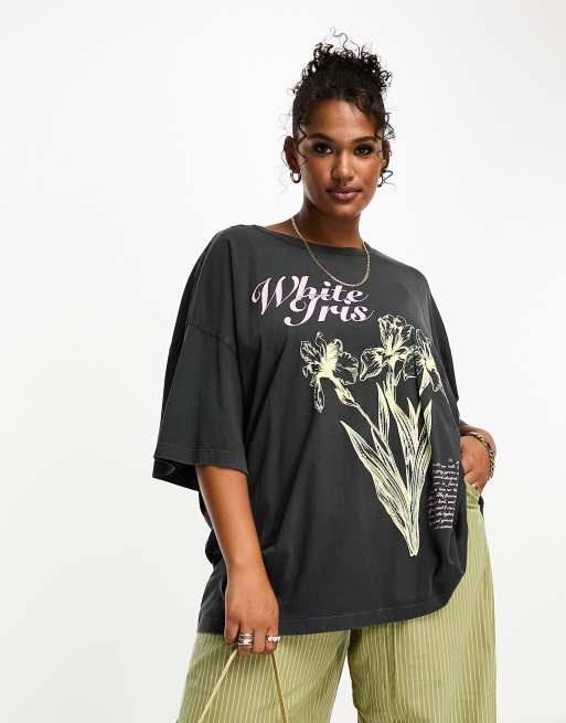 ASOS DESIGN Curve - Oversized T-shirt med hvid irisgrafik i koksgrå vask