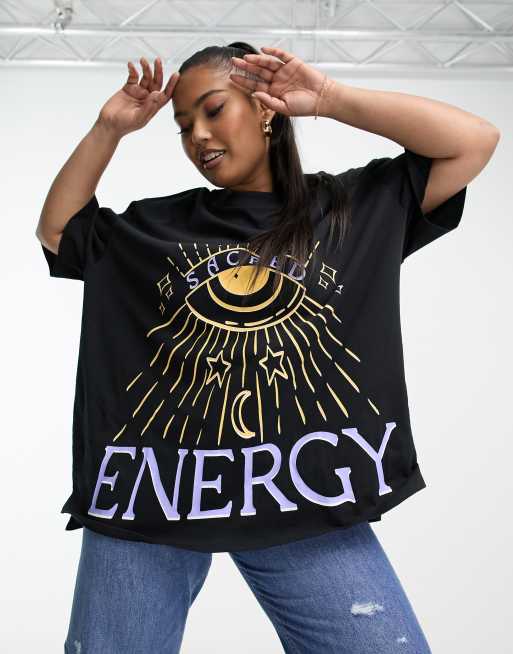 ASOS DESIGN Curve - Oversized T-shirt med 'Sacred Energy'-grafik i sort, kraftigt materiale