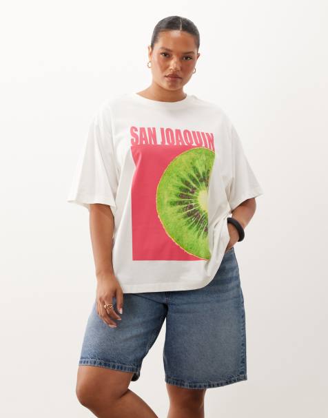 ASOS DESIGN Curve oversized T-shirt med San Joaquin kiwi-print i cream - view 1