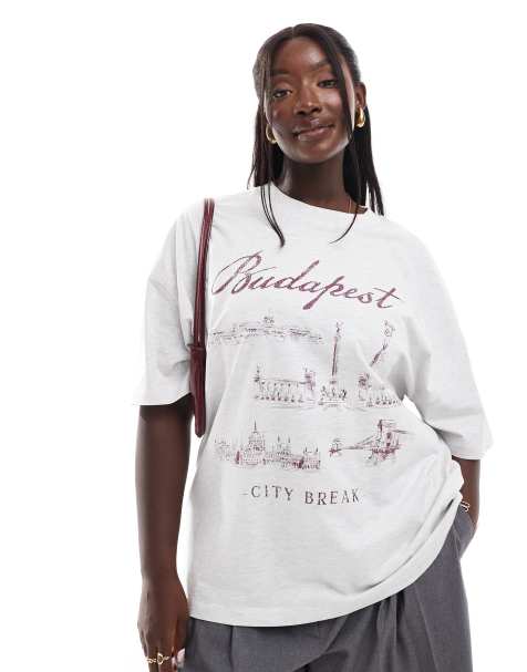 ASOS DESIGN Curve - Oversized T-shirt met Budapest-print in gemêleerd grijs - view 1