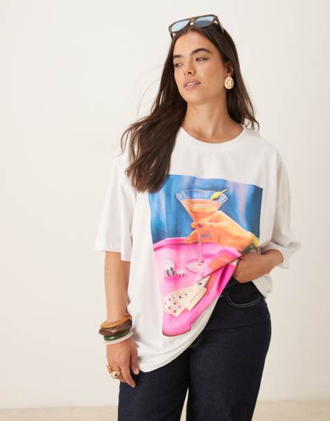 ASOS DESIGN Curve - Oversized T-shirt met cocktailprint in wit - view 1
