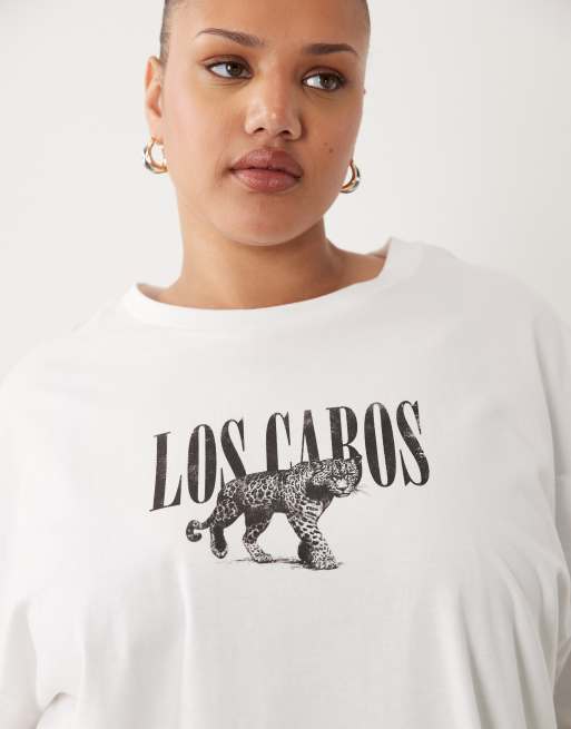 ASOS DESIGN Curve - Oversized T-shirt met distressed grafische Los Cabos-print in crème, 3 van 4