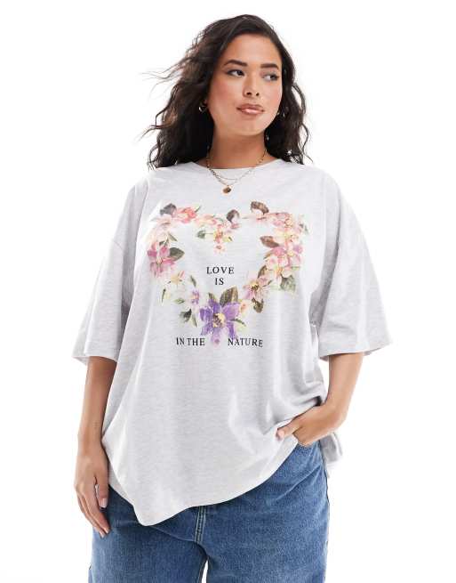 ASOS DESIGN Curve - Oversized T-shirt met gebloemde hartprint in wit