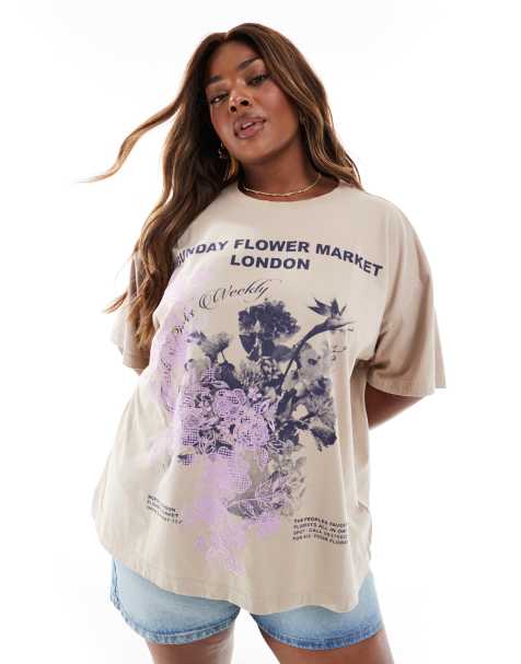 ASOS DESIGN Curve - Oversized T-shirt met geborduurde bloemenmarktprint - view 1
