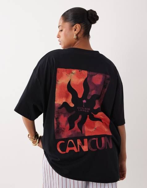 ASOS DESIGN Curve - Oversized T-shirt met grafische Cancun zonprint in zwart - view 1