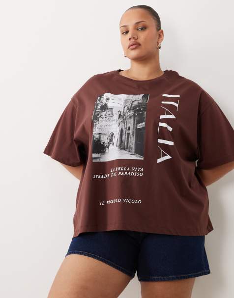 ASOS DESIGN Curve - Oversized T-shirt met grafische Italia-print in chocoladebruin - view 1