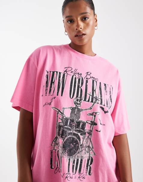 ASOS DESIGN Curve - Oversized T-shirt met grafische skeletprint in roze met wassing - view 1