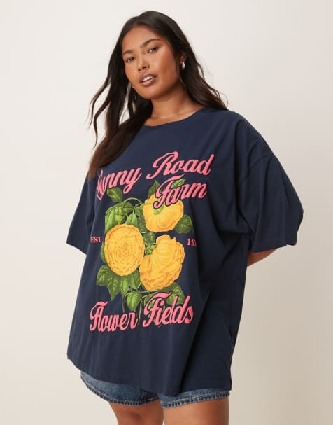 ASOS DESIGN Curve - Oversized T-shirt met grafische 'Sunny'- en bloemenprint in marineblauw - view 1