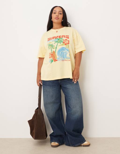 ASOS DESIGN Curve - Oversized T-shirt met grafische surferprint in lichtgeel, 3 van 4