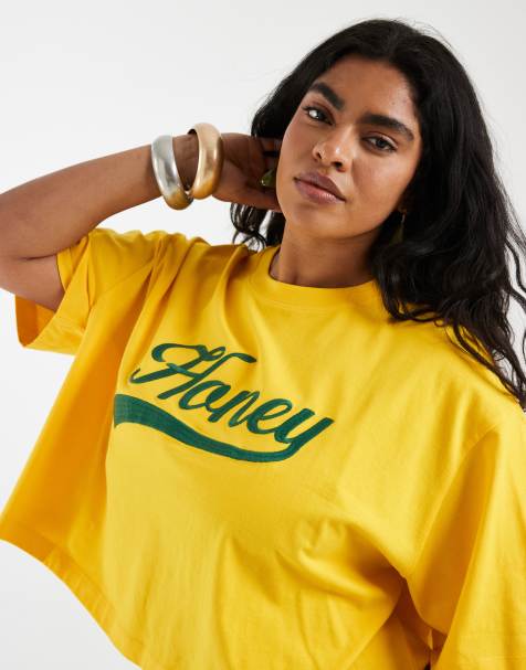 ASOS DESIGN Curve - Oversized T-shirt met 'Honey'-slogan in mosterdgeel - view 1
