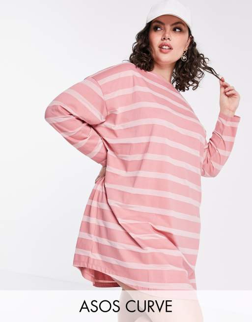 ASOS DESIGN Curve - Oversized T-shirt met lange mouwen in roze met strepen in kleurschakering