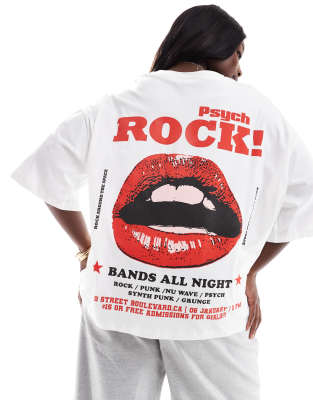 ASOS DESIGN Curve - Oversized T-shirt met rockband- en lippenprint in wit
