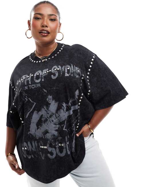 ASOS DESIGN Curve - Oversized T-shirt met rockprint, studs en wassing in zwart