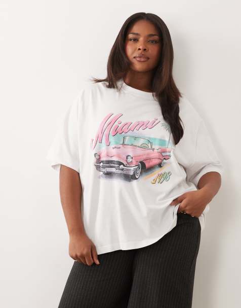 ASOS DESIGN Curve - Oversized T-shirt met roze vintage autoprint in wit - view 1