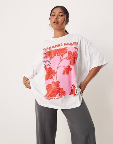 ASOS DESIGN Curve - Oversized T-shirt met Thailand-print in wit - view 1