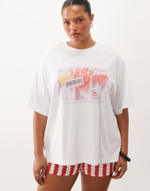 ASOS DESIGN CURVE oversized T-shirt met tropische cocktailsprint in wit, 2 van 4