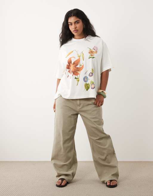 ASOS DESIGN Curve - Oversized T-shirt met vintage bloemenprint in wit, 2 van 4