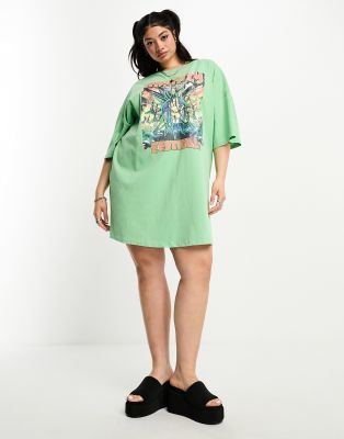 ASOS Curve ASOS DESIGN Curve oversized t-shirt mini dress with festival graphic in green