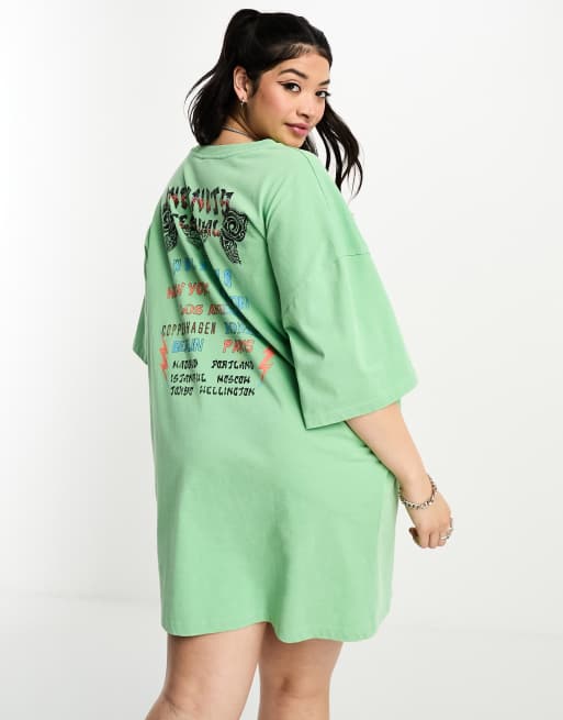 ASOS DESIGN Curve oversized t shirt mini dress with festival graphic in green