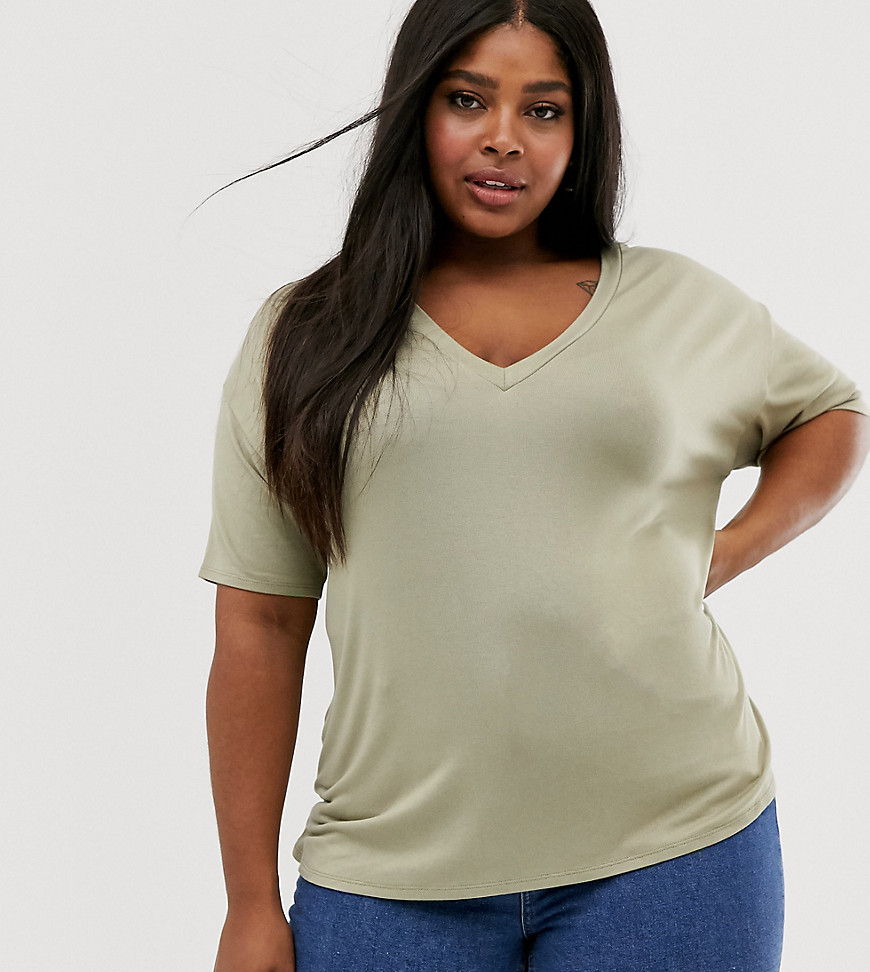 ASOS DESIGN Curve - Oversized T-shirt van jersey met structuur met V-hals in kaki-Groen