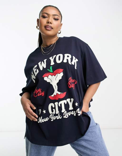 ASOS DESIGN Curve - Oversized T-shirt van zware stof met New York- en appelprint in marineblauw