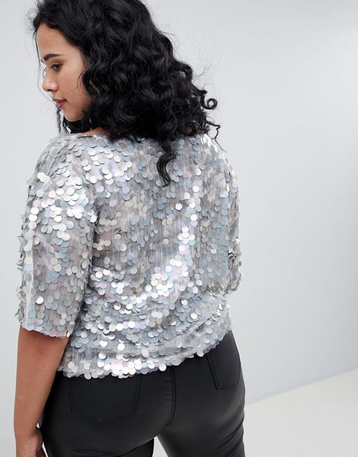 ASOS DESIGN Curve oversized sequin t-shirt in silver