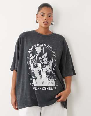 Asos Curve Asos Design Curve Oversized T-shirt With American Honey Western Graphic In Black
