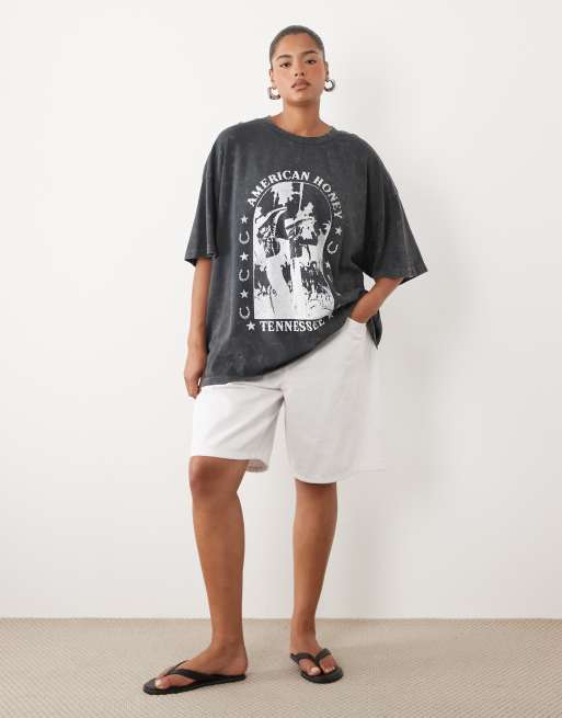 ASOS DESIGN CURVE Oversized t-shirt with American honey western graphic in washed charcoal, 3 of 4