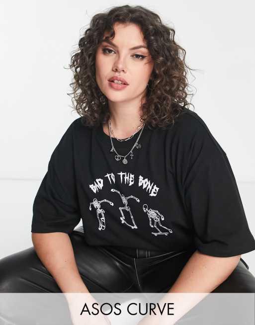 ASOS DESIGN Curve oversized t-shirt with bad to the bone skeletons in black