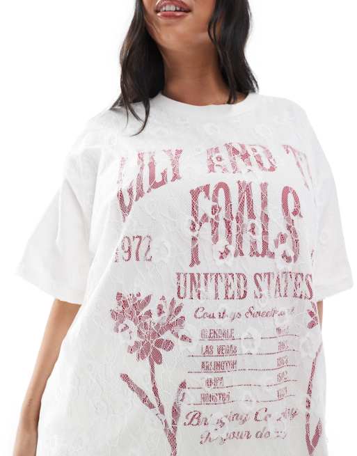 ASOS DESIGN Curve oversized t-shirt with band graphic and lace overlay in white