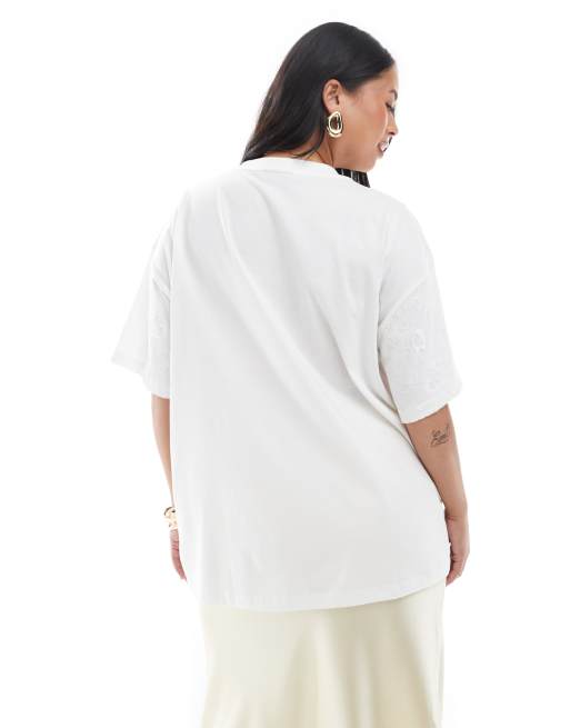 ASOS DESIGN Curve oversized t-shirt with band graphic and lace overlay in white