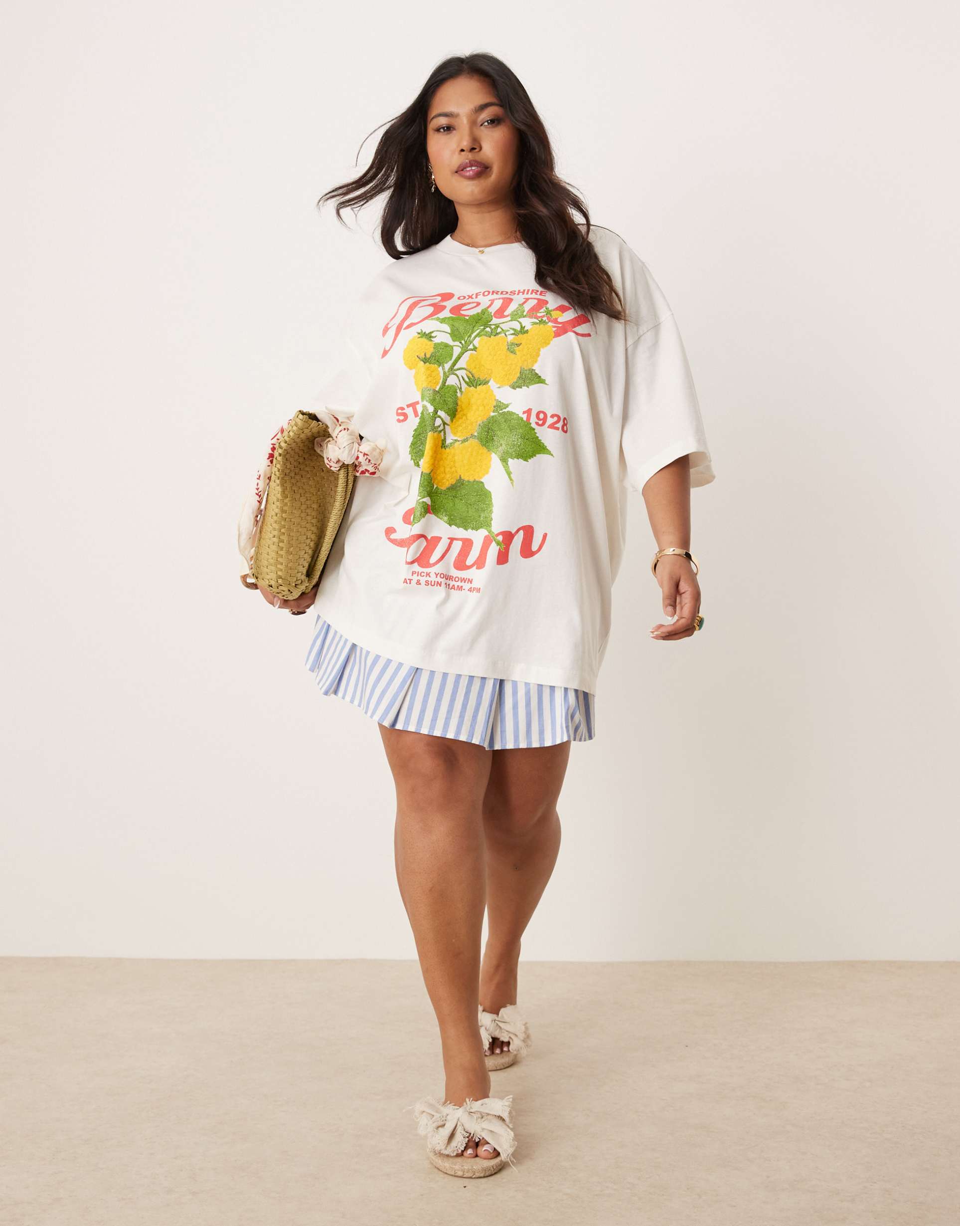 asos design curve oversized t-shirt with berry farm graphic in cream