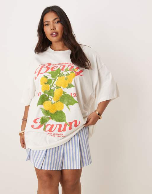 ASOS DESIGN Curve oversized T-shirt with berry farm graphic in cream