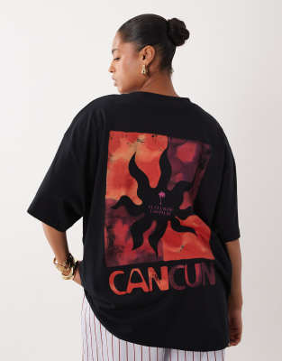 Asos Curve Asos Design Curve Oversized T-shirt With Cancun Sun Graphic In Black