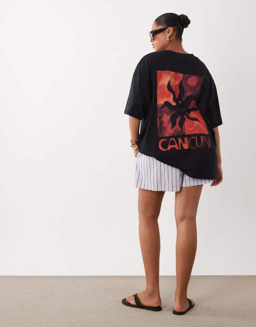 ASOS DESIGN Curve oversized t-shirt with Cancun sun graphic in black, 3 of 4