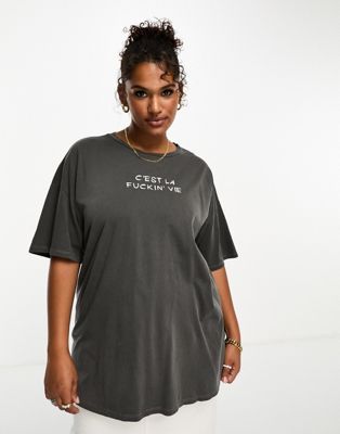 ASOS DESIGN Curve oversized t-shirt with c'est la fuckin vie graphic in washed charcoal