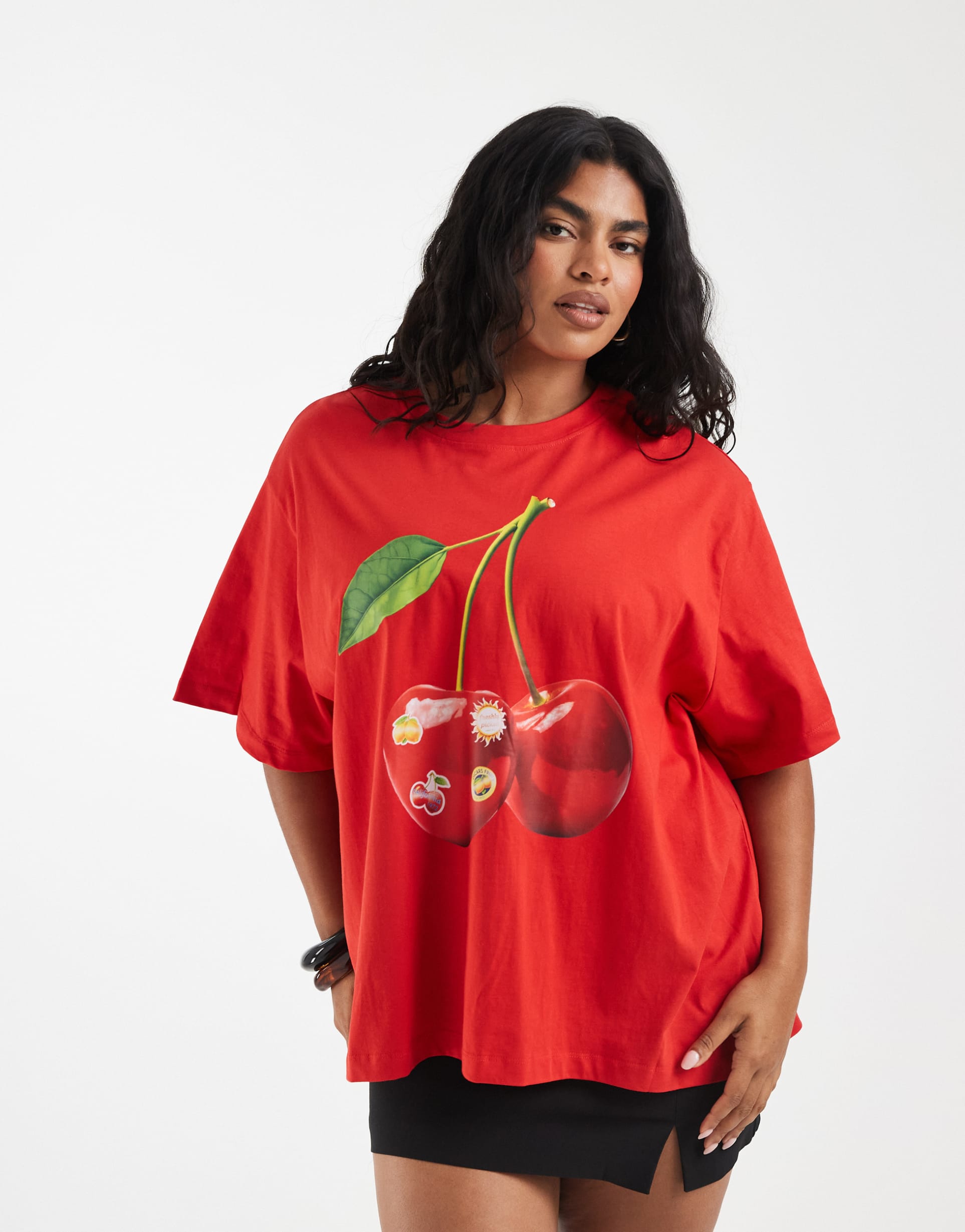 asos design curve oversized t-shirt with cherry sticker graphic in red