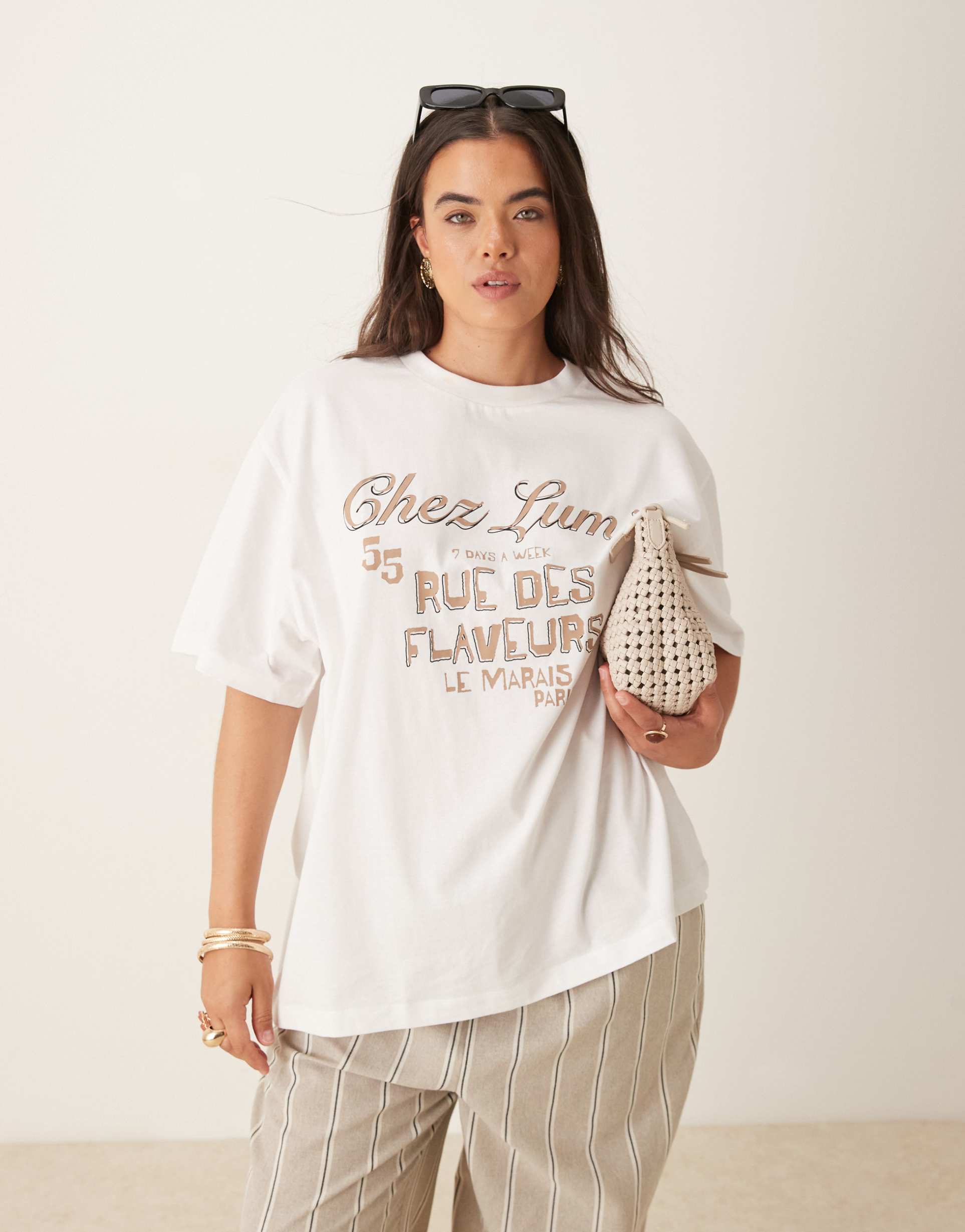 asos design curve oversized t-shirt with chez lumi graphic in white