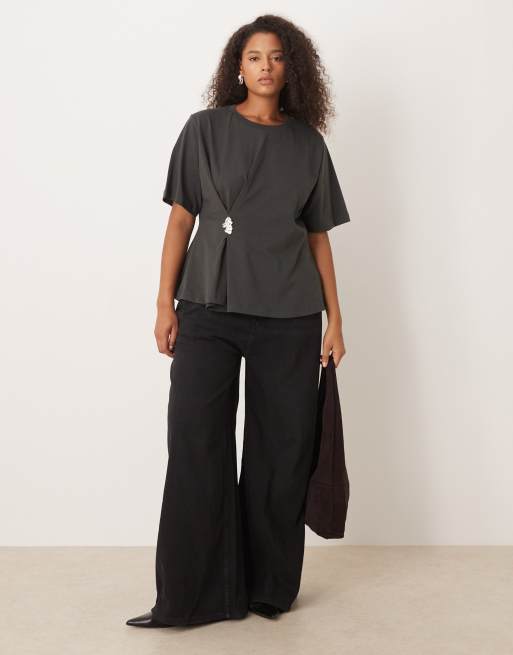 ASOS DESIGN Curve oversized T-shirt with cinched hardware detail in gray black