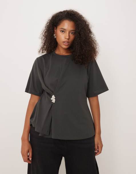 ASOS DESIGN Curve oversized t-shirt with cinched hardware detail in grey black - view 1