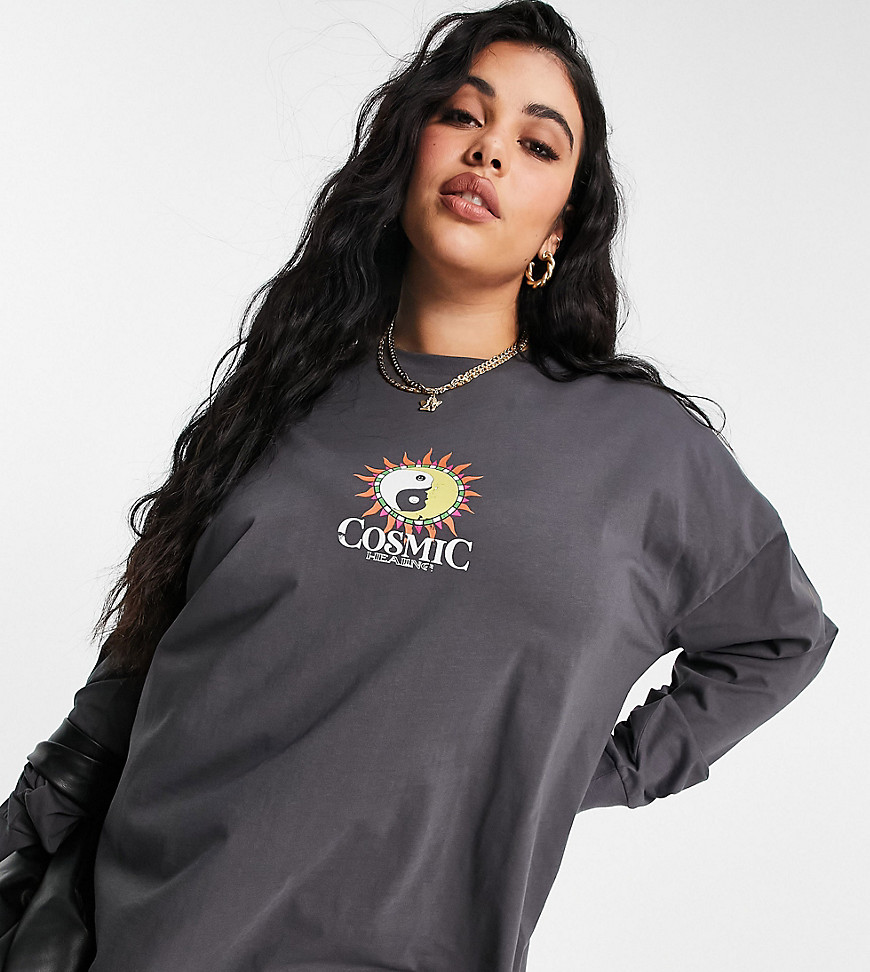 ASOS DESIGN Curve oversized t-shirt with cosmic healing print in charcoal-Grey
